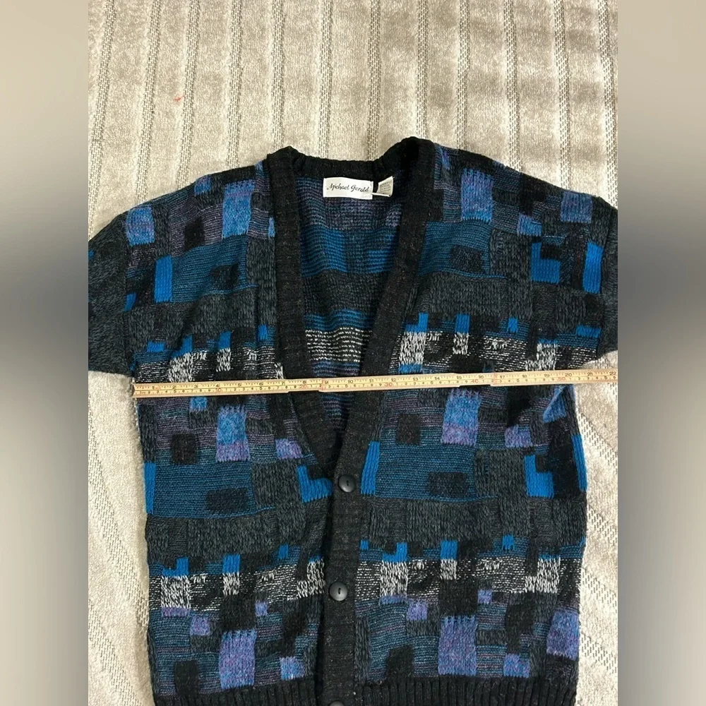 Vintage Block Pattern Grandpa Sweater Buttoned Cardigan - L